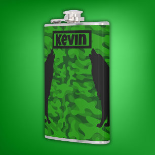 Modern Green Camo Black Wolf Silhouette Monogram   Hip Flask