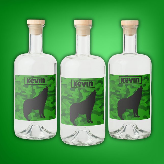 Modern Green Camo Black Wolf Silhouette Monogram | Liquor Bottle Label (Creator Uploaded)