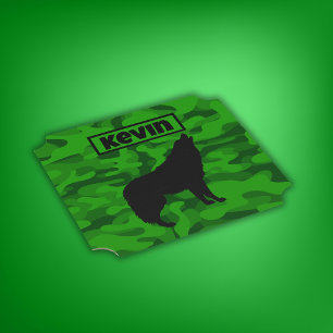Modern Green Camo Black Wolf Silhouette Monogram Paper Coaster