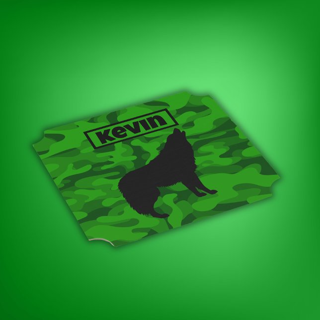 Modern Green Camo Black Wolf Silhouette Monogram | Paper Coaster (Creator Uploaded)