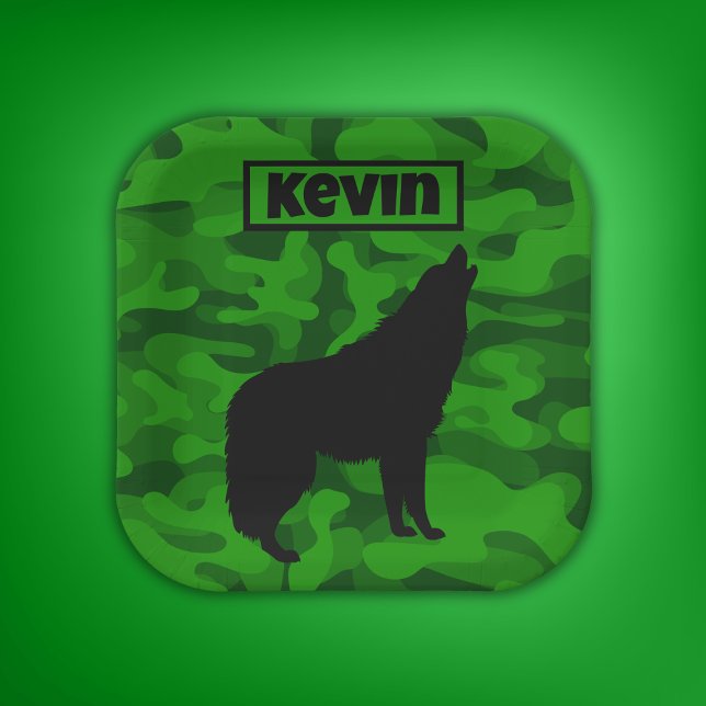 Modern Green Camo Black Wolf Silhouette Monogram | Paper Plate (Creator Uploaded)