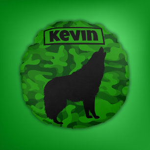 Modern Green Camo Black Wolf Silhouette Monogram   Round Cushion