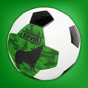 Modern Green Camo Black Wolf Silhouette Monogram Soccer Ball