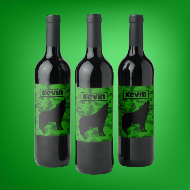 Modern Green Camo Black Wolf Silhouette Monogram | Wine Label (Creator Uploaded)