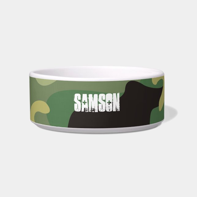 Modern Green Camo Pattern with Name Dog Bowl (Front)