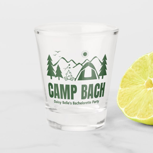 Modern Green Camp Bachelorette Weekend Shot Glass (Front)