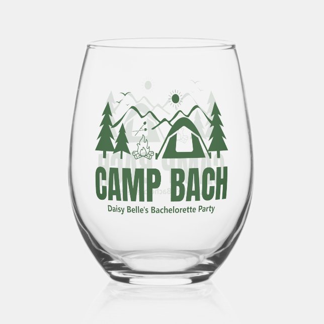 Modern Green Camp Bachelorette Weekend Stemless Wine Glass (Front)
