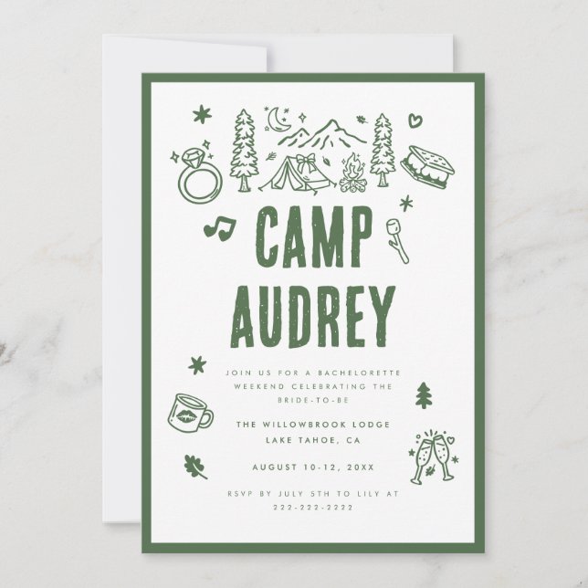 Modern Green Camp Bride Bachelorette Weekend Invitation (Front)