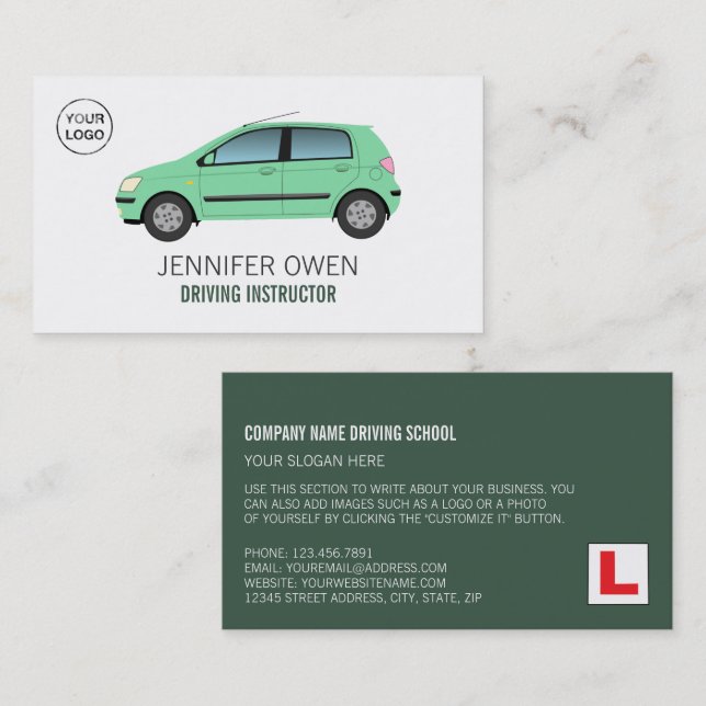 Modern Green Car, Driving School, Instructor Business Card (Front/Back)