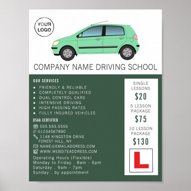 Modern Green Car, Driving School, Instructor Poster (Front)