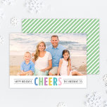 Modern Green Cheers Happy Holidays Photo Holiday Card<br><div class="desc">Simple and modern holiday photo card features your photo with multi-coloured "Cheers" wording and custom text for a seasonal message, your family name, and year. The back of the card includes a pattern of diagonal stripes. Cheerful colours, perfect for a summer / vacation photo, include sky blue, mint green, violet...</div>