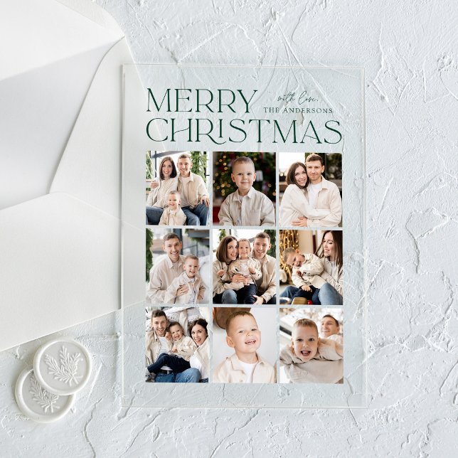 Modern Green Christmas 9 Photo Collage Holiday Acrylic Invitations (Creator Uploaded)