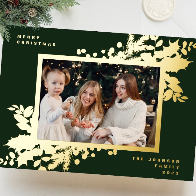 Modern Green Christmas Botanical Photo GOLD Frame Foil Holiday Card (Creator Uploaded)