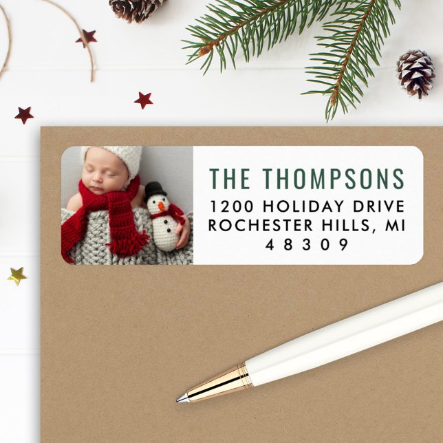 Modern Green Christmas Custom Photo Return Address Label (Creator Uploaded)