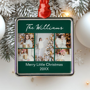 Modern Green Christmas Family Photo Collage 2025 Metal Ornament