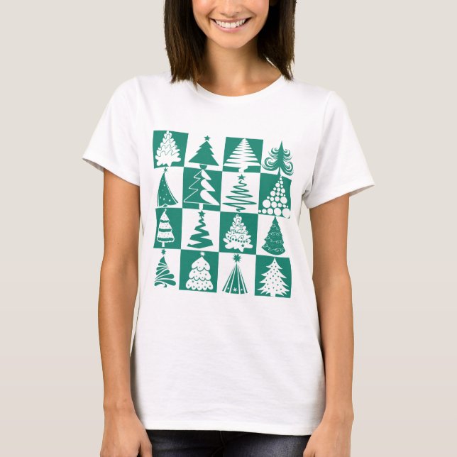 Modern Green Christmas Tree Pattern T-Shirt (Front)