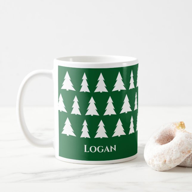 Modern Green Christmas Tree Pattern with Name Coffee Mug (With Donut)