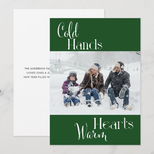 Modern Green Cold Hands Warm Hearts Family Photo Holiday Card (Front/Back)