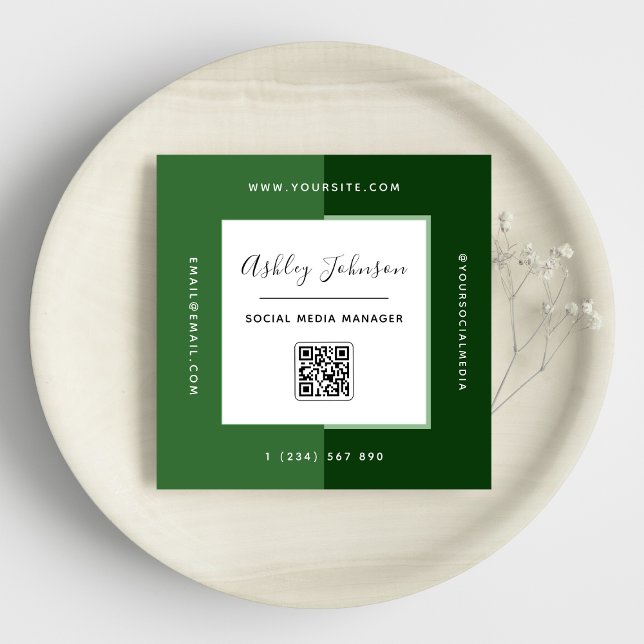 Modern Green Colour Blocks QR Code Social Media Square Business Card (Creator Uploaded)