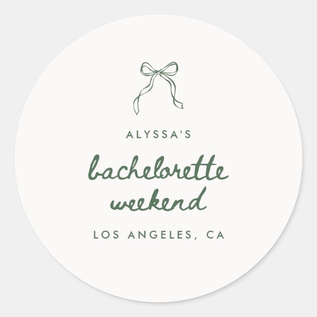 Modern Green Coquette Bow Bachelorette Weekend Classic Round Sticker (Front)