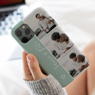 Modern green couple names 3 photos collage grid iPhone 15 pro case