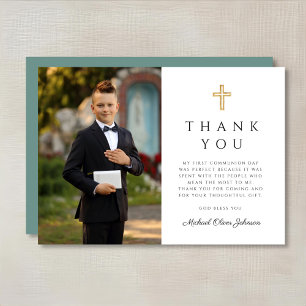Modern Green Cross Boy First Communion Photo  Thank You Card