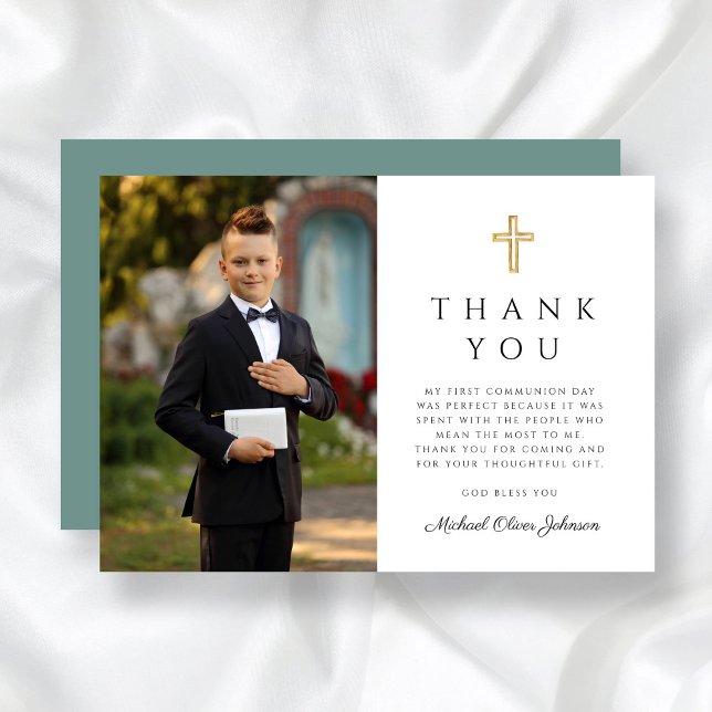 Modern Green Cross Boy First Communion Photo  Thank You Card (Modern Green Cross Boy First Communion Photo Thank You Card)