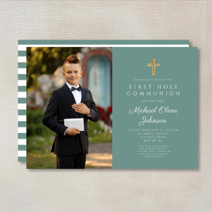 Modern Green Cross Photo Boy First Communion  Invitation
