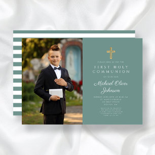 Modern Green Cross Photo Boy First Communion Invitation