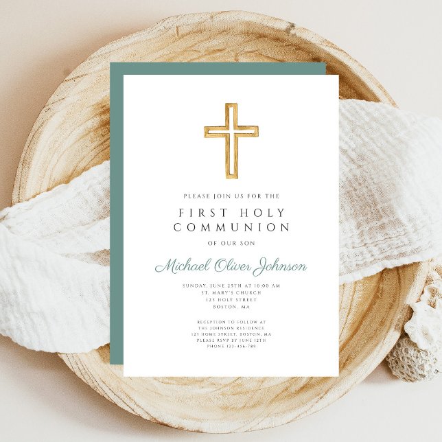 Modern Green Cross Religious First Communion Invitation (Modern Green Cross Religious First Communion Invitation)