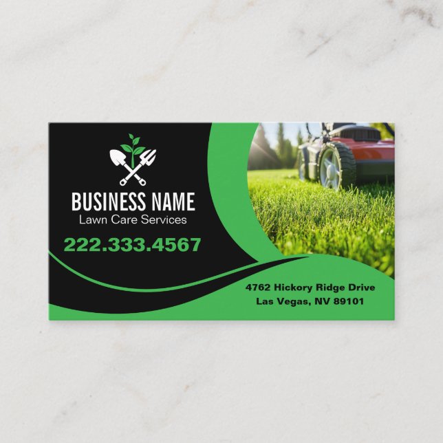 Modern Green Curve Mower Lawn Care Business Card (Front)