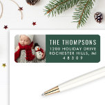 Modern Green Custom Christmas Photo Return Address Return Address Label<br><div class="desc">Holiday address labels feature a favourite Christmas photo with modern white return address and festive hunter / pine green background. Colours can be completely customised to coordinate with your photo.</div>