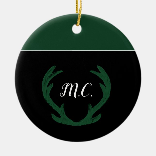 Modern Green Deer Antlers Monogram Ceramic Ornament (Front)