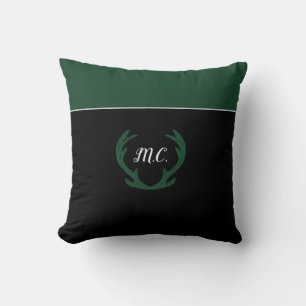 Modern Green Deer Antlers Monogram Cushion