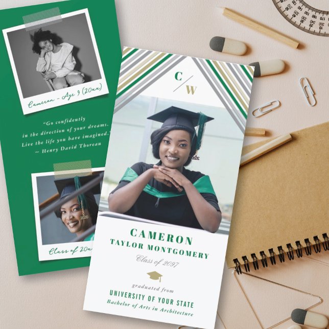 Modern Green Diagonal Stripes Photo Graduation Announcement (Creator Uploaded)