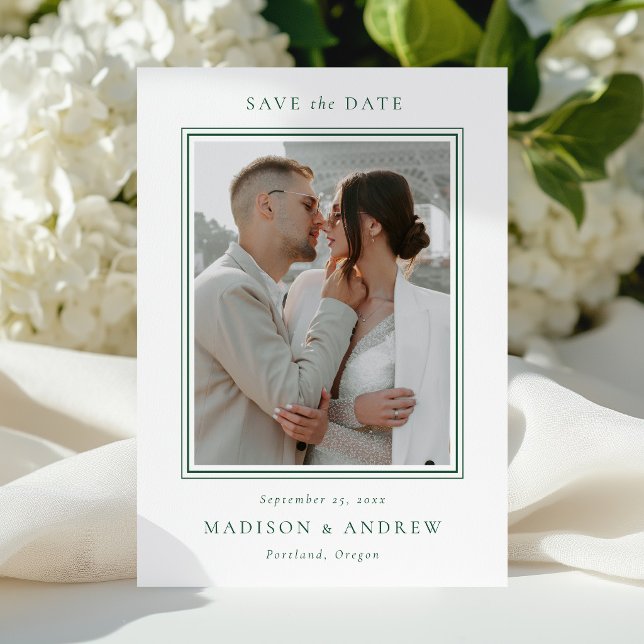 Modern Green Double Border 2 Photo Wedding Save The Date (Creator Uploaded)
