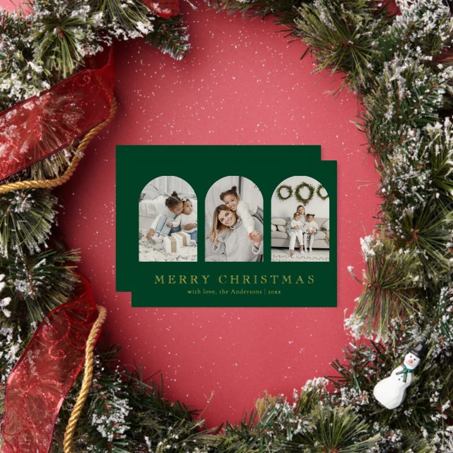 Modern Green Elegant Arch Photo Collage Christmas Foil Holiday Card (Insitu)