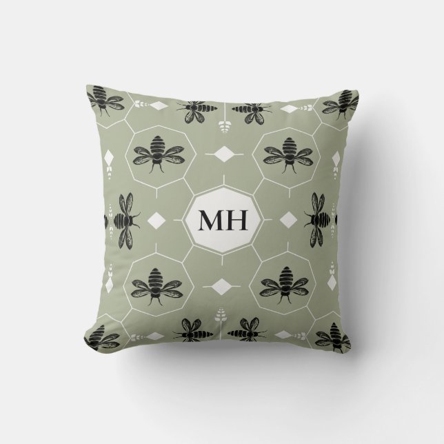 Modern Green Elegant Black Bee Pattern Monogram Cushion (Front)