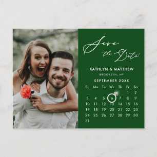 Modern Green Elegant Script Photo Save the Date Announcement Postcard
