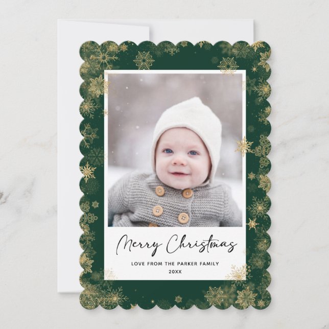 Modern Green Elegant Script Snowflakes Bokeh Holiday Card (Front)