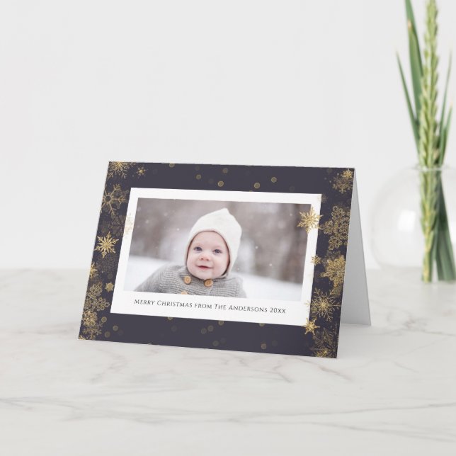Modern Green Elegant Script Snowflakes Bokeh Holiday Card (Front)