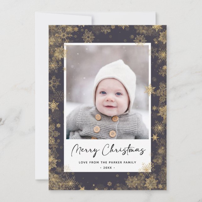 Modern Green Elegant Script Snowflakes Bokeh Holiday Card (Front)
