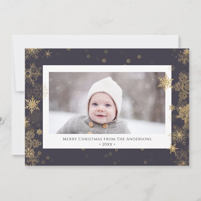 Modern Green Elegant Script Snowflakes Bokeh Holiday Card (Front)