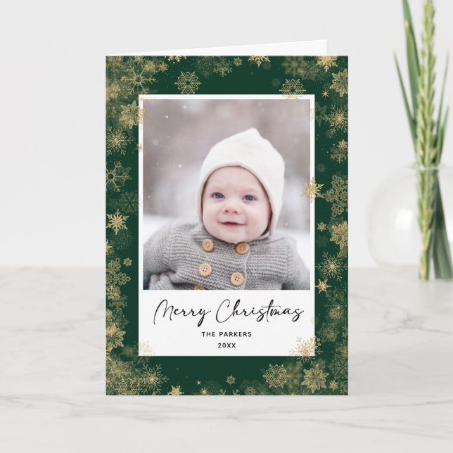 Modern Green Elegant Script Snowflakes Bokeh Holiday Card (Front)