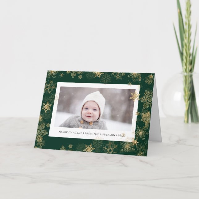 Modern Green Elegant Script Snowflakes Bokeh Holiday Card (Front)