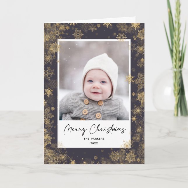 Modern Green Elegant Script Snowflakes Bokeh Holiday Card (Front)