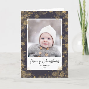 Modern Green Elegant Script Snowflakes Bokeh Holiday Card