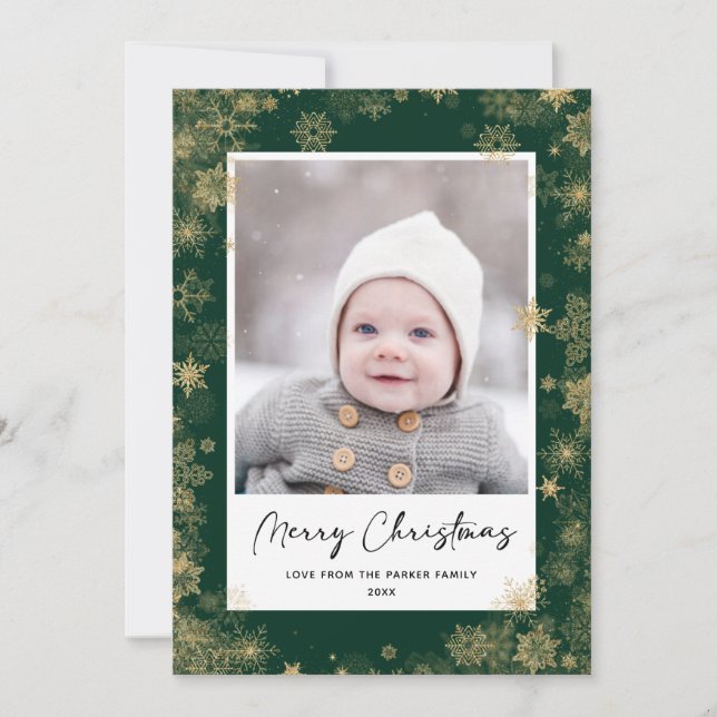Modern Green Elegant Script Snowflakes Bokeh Holiday Card (Front)
