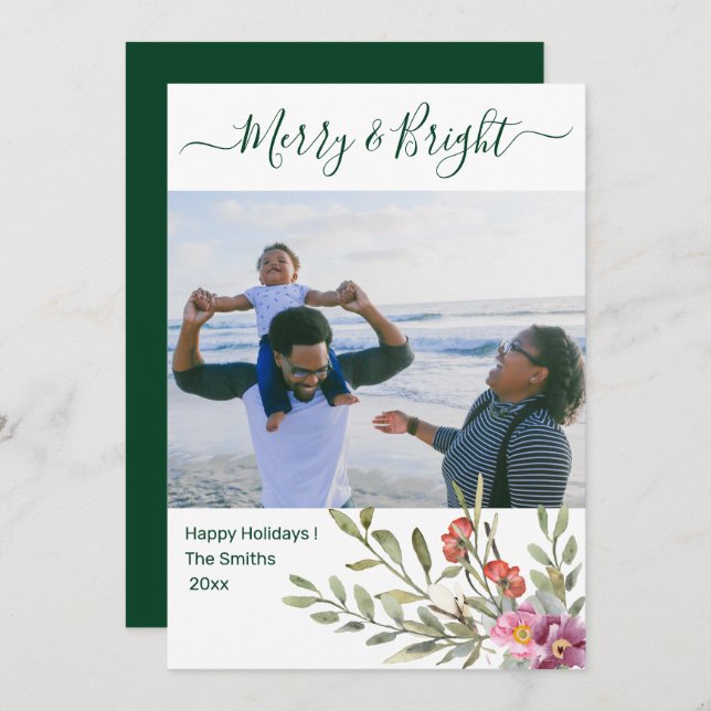 Modern Green Elegant Script Watercolor Floral  Holiday Card (Front/Back)