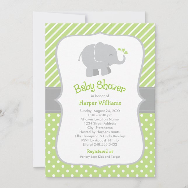 Modern Green Elephant Gender Neutral Shower Invitation (Front)